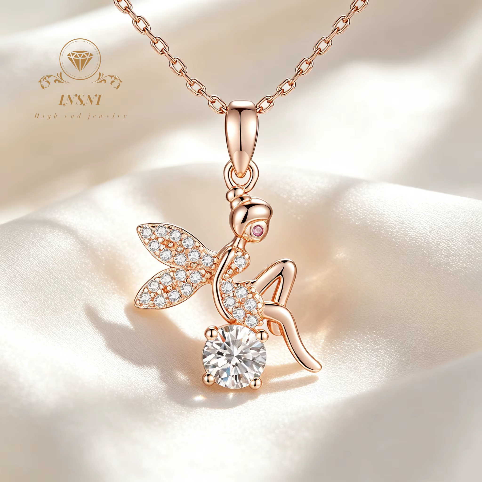 Collier Pendentif Elfe Populaire en Argent S925 Plaqué Or Rose pour Femme