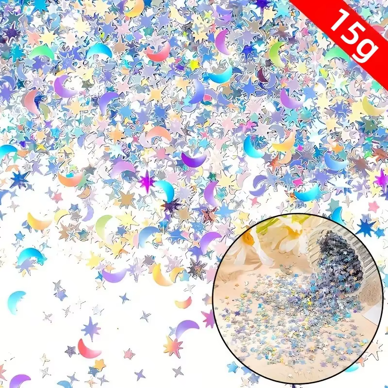 Confettis de fête étoiles et lunes 30g/15g : Paillettes métalliques irisées pour décorations festives - Pour
