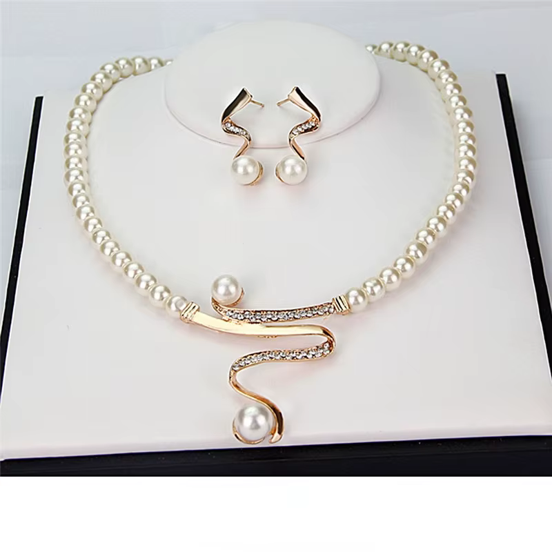 3 pièces/ensemble femmes mariée élégante fête de mariage perle strass collier boucles d'oreilles ensemble de bijoux nouvelle mode