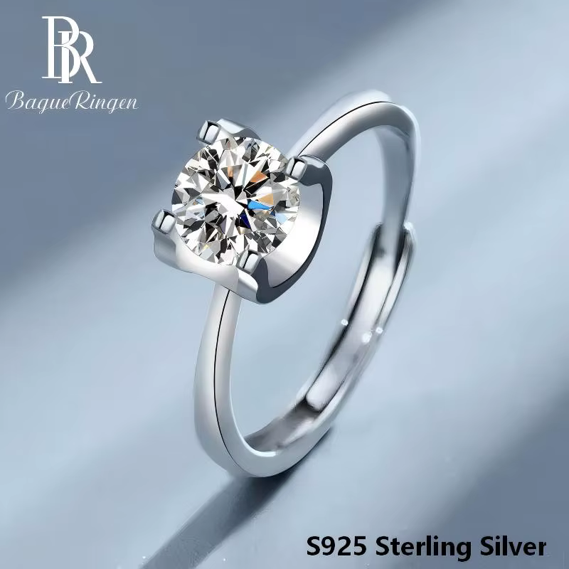 Bague en argent sterling S925 avec moissanite BR 1CT pour femme
