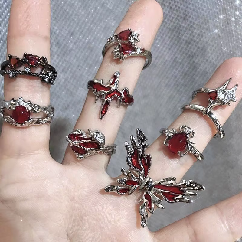 Bagues ouvertes Vintage en émail rouge pour femmes et hommes