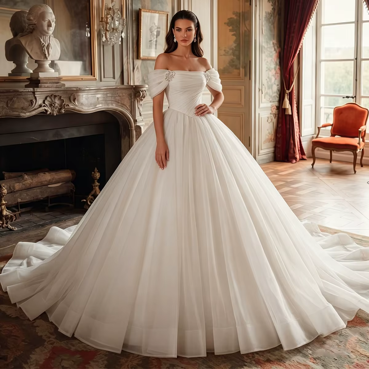 Robe de mariée classique en tulle bouffant à perles