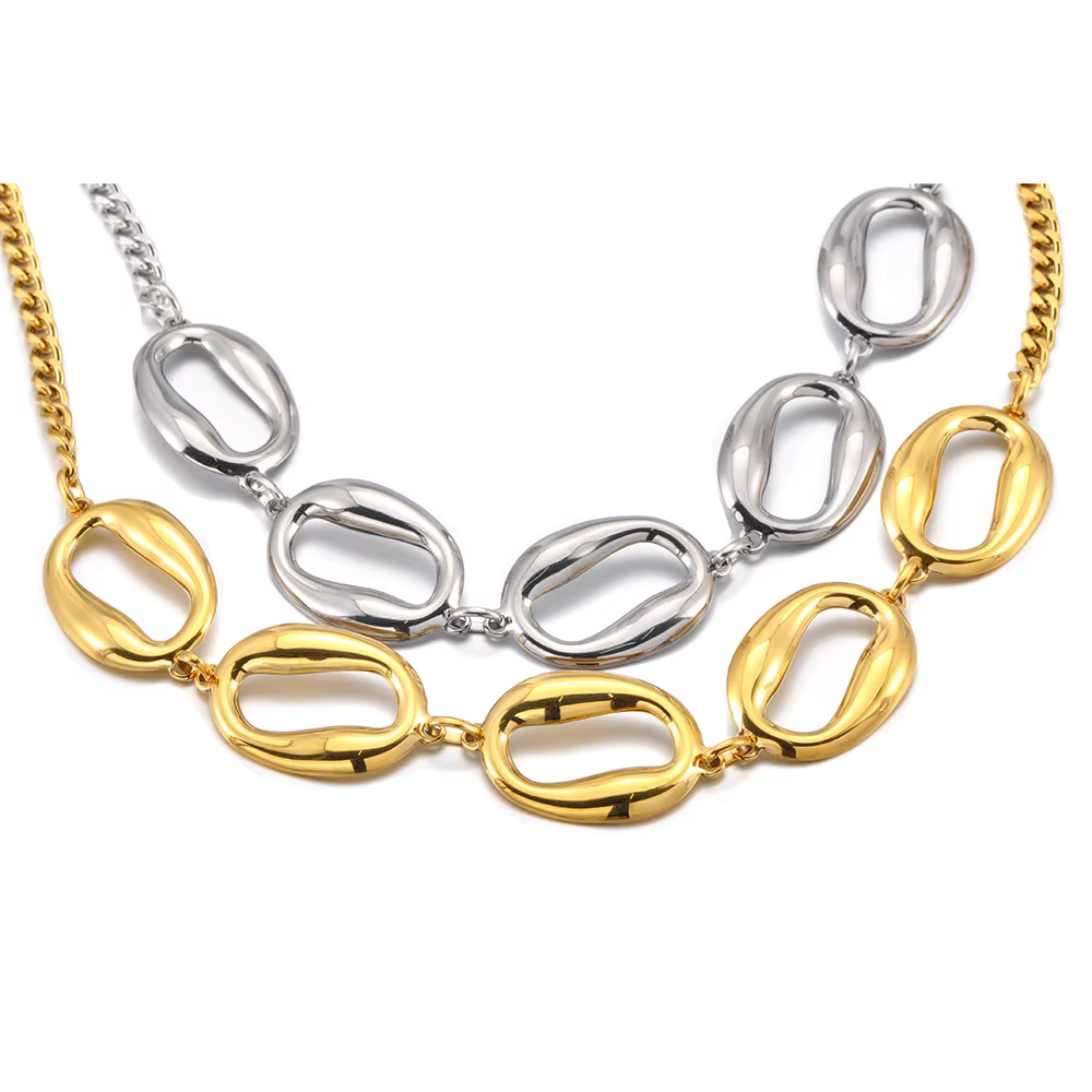 JeeMango Vintage Unique ovale creux collier pour les femmes à la main en acier inoxydable couleur or mode étanche bijoux N25162