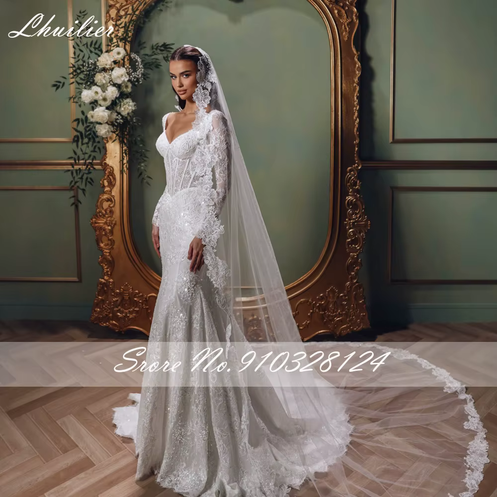 Lhuilier personnalisé sirène dentelle robes de mariée Illusion manches longues perles robe