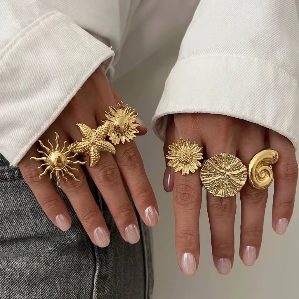 Bague Coquillage Océanique Vintage Dorée Massif pour Femme