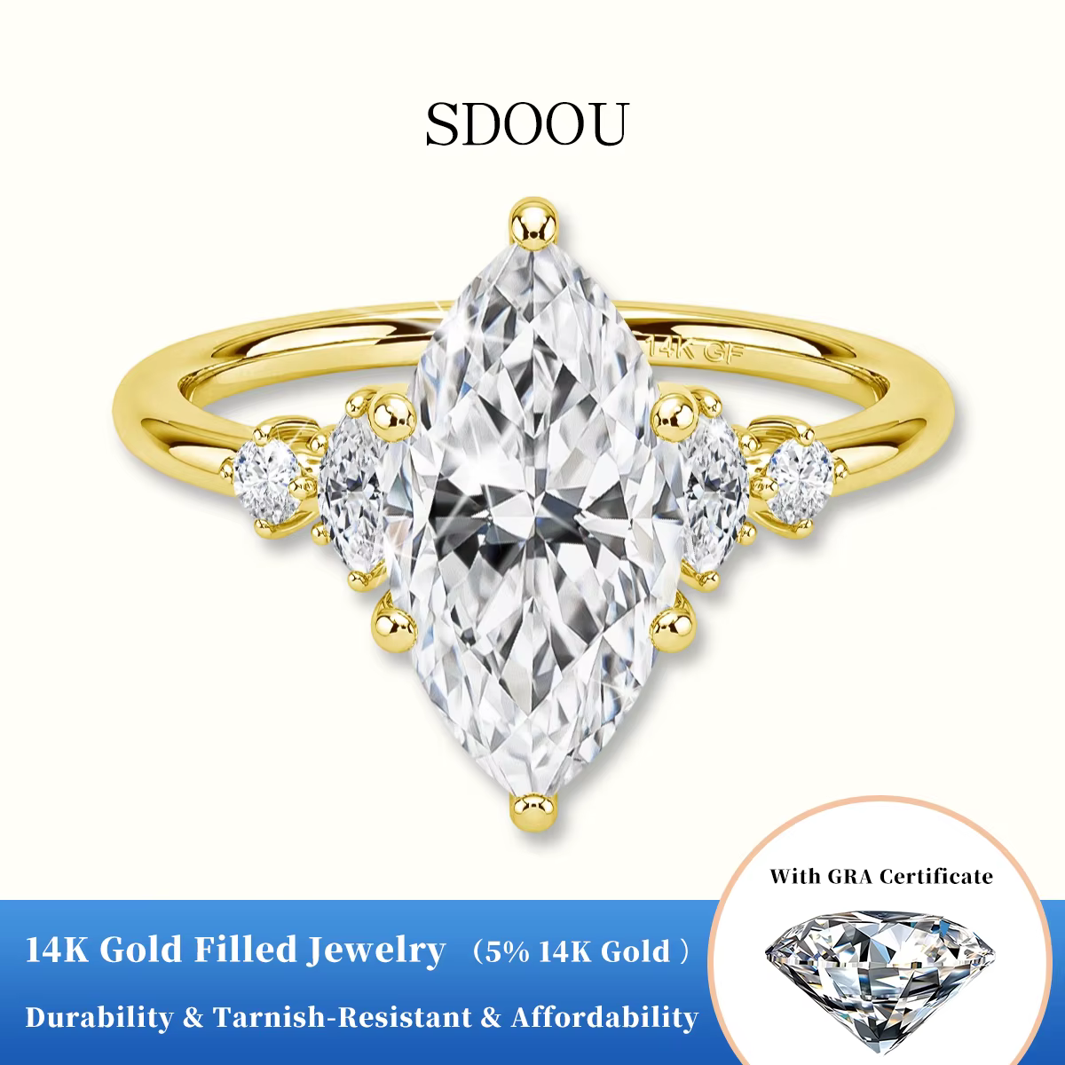 SDOOU Bague de fiançailles en or 14K plaqué or 2 carats avec moissanite taille marquise pour filles