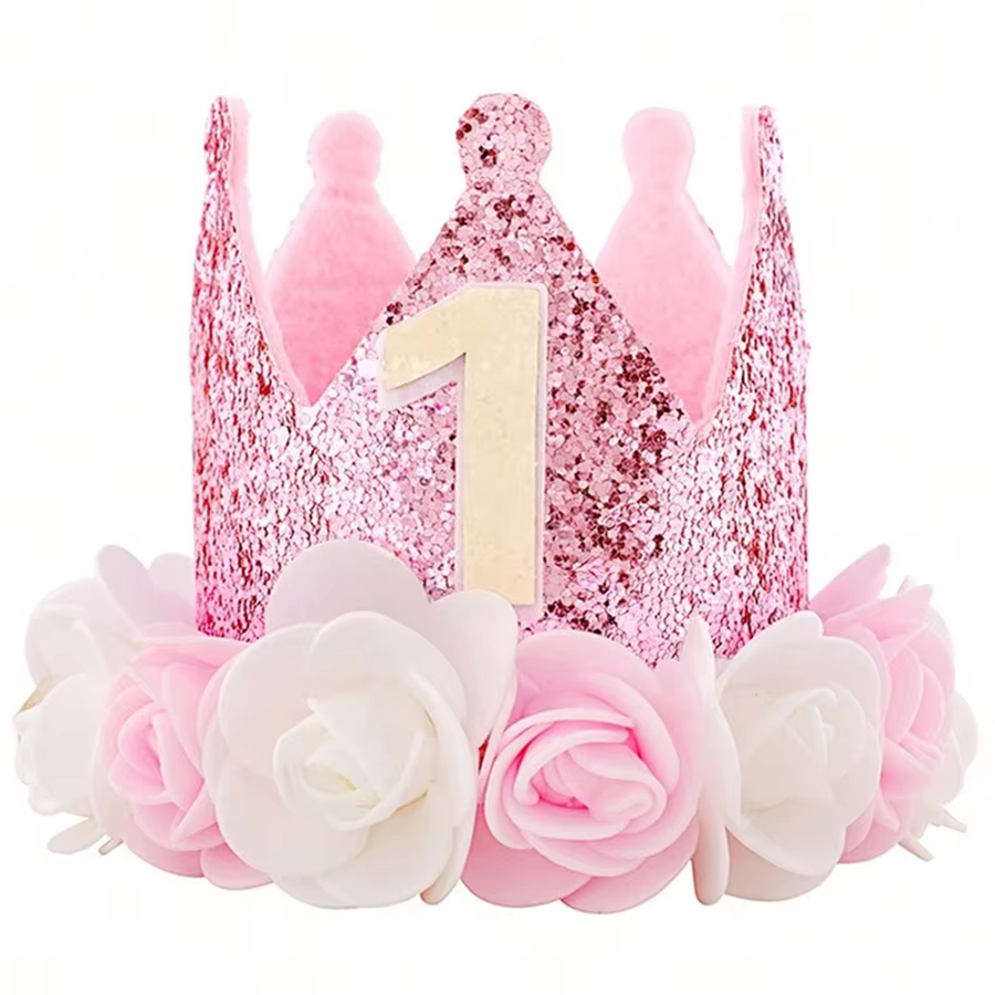 Chapeau d'anniversaire premier anniversaire 1er pour bébé fille décor cadeaux or Rose