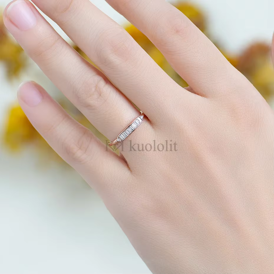 Kuololit 750 18K 14K bague Moissanite en or Rose pour femmes ensemble de lunette Baguette Solitaire correspondant alliance fiançailles noël