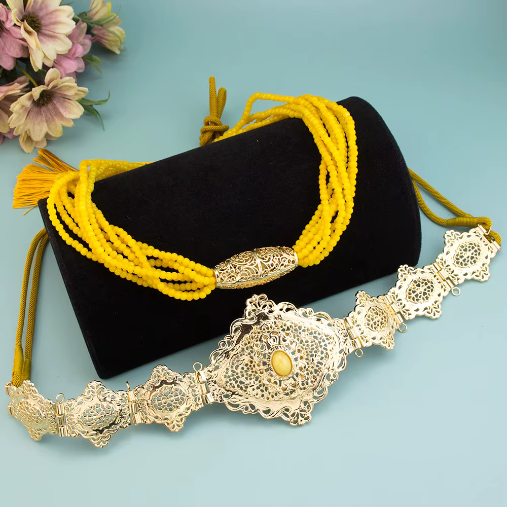 Sunspicems-Ensemble de bijoux de mariée arabe jaune pour femmes