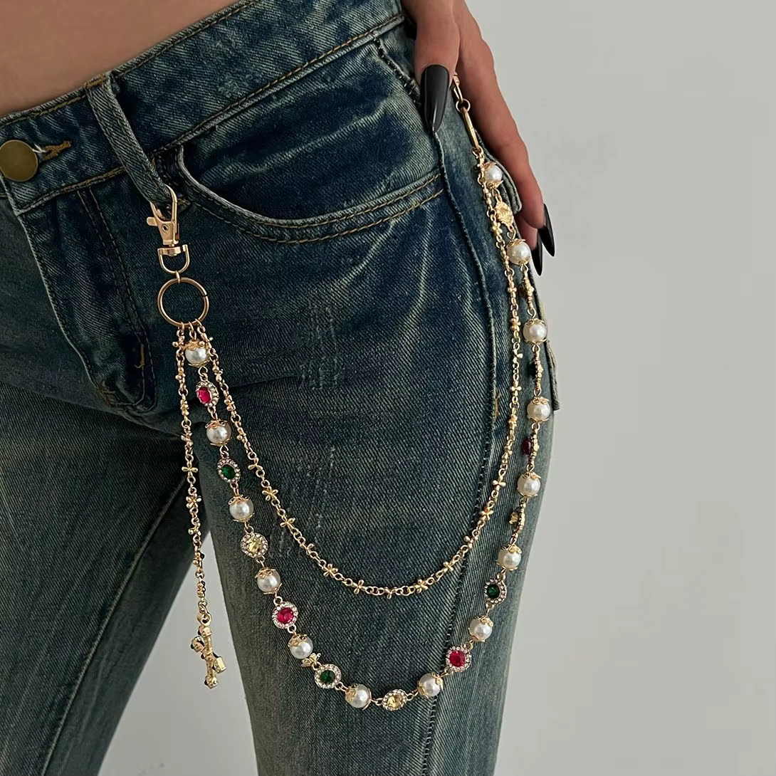 Ingemark exquis luxe Imitation perle acrylique strass pantalon chaîne femmes Punk HipHop croix pendentif jean chaîne hommes bijoux
