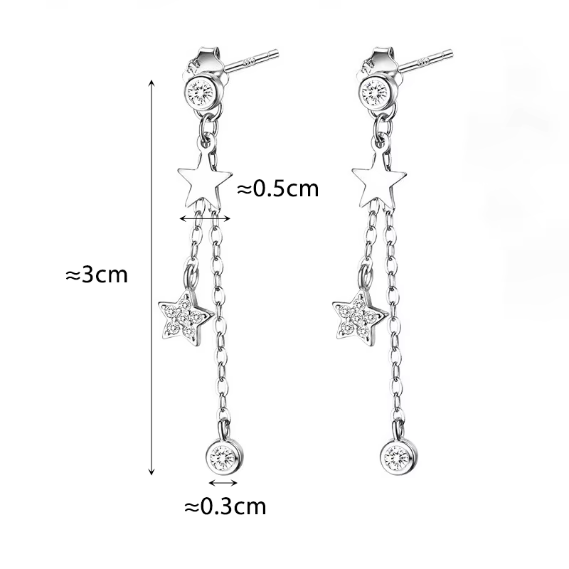 Boucles d'oreilles clous exquises en zircon avec pendentif étoile couleur argent et pompon pour femme