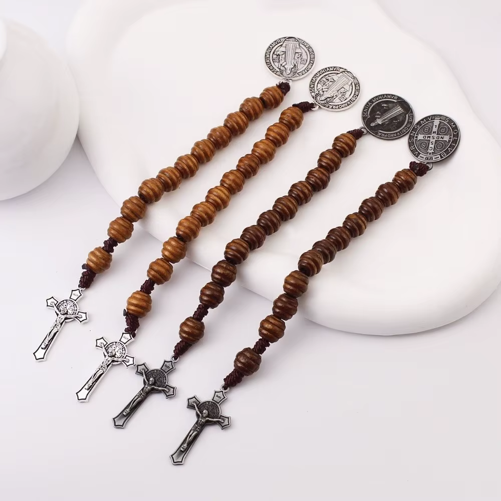 Médaille de prière Vintage du Saint benoît, alliage de perles de prière en bois, bénédiction, chapelet de Saint benoît fait à la main, prière catholique