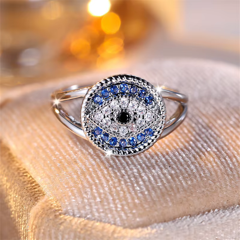 Bagues à œil unique en Zircon bleu blanc bicolore pour femmes