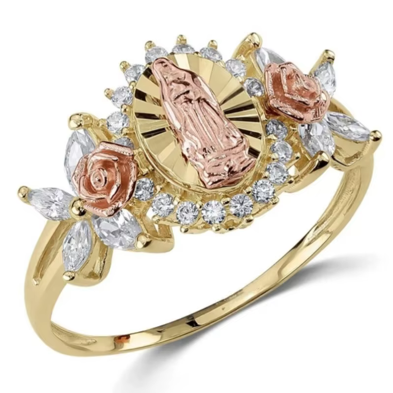 Bague en relief avec figurine de rose et de Vierge Marie