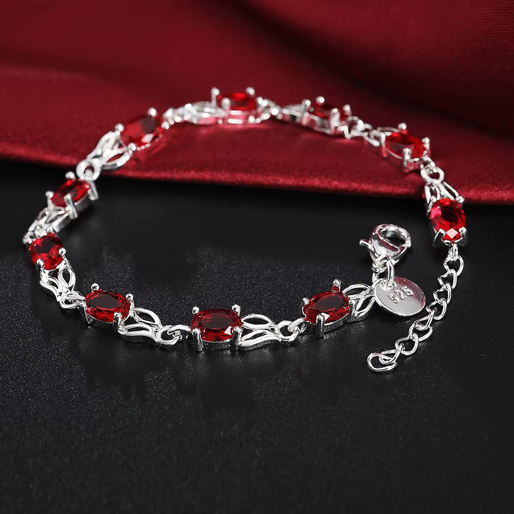 Bracelet de luxe en argent Sterling 925 avec cristaux rouges pour femmes