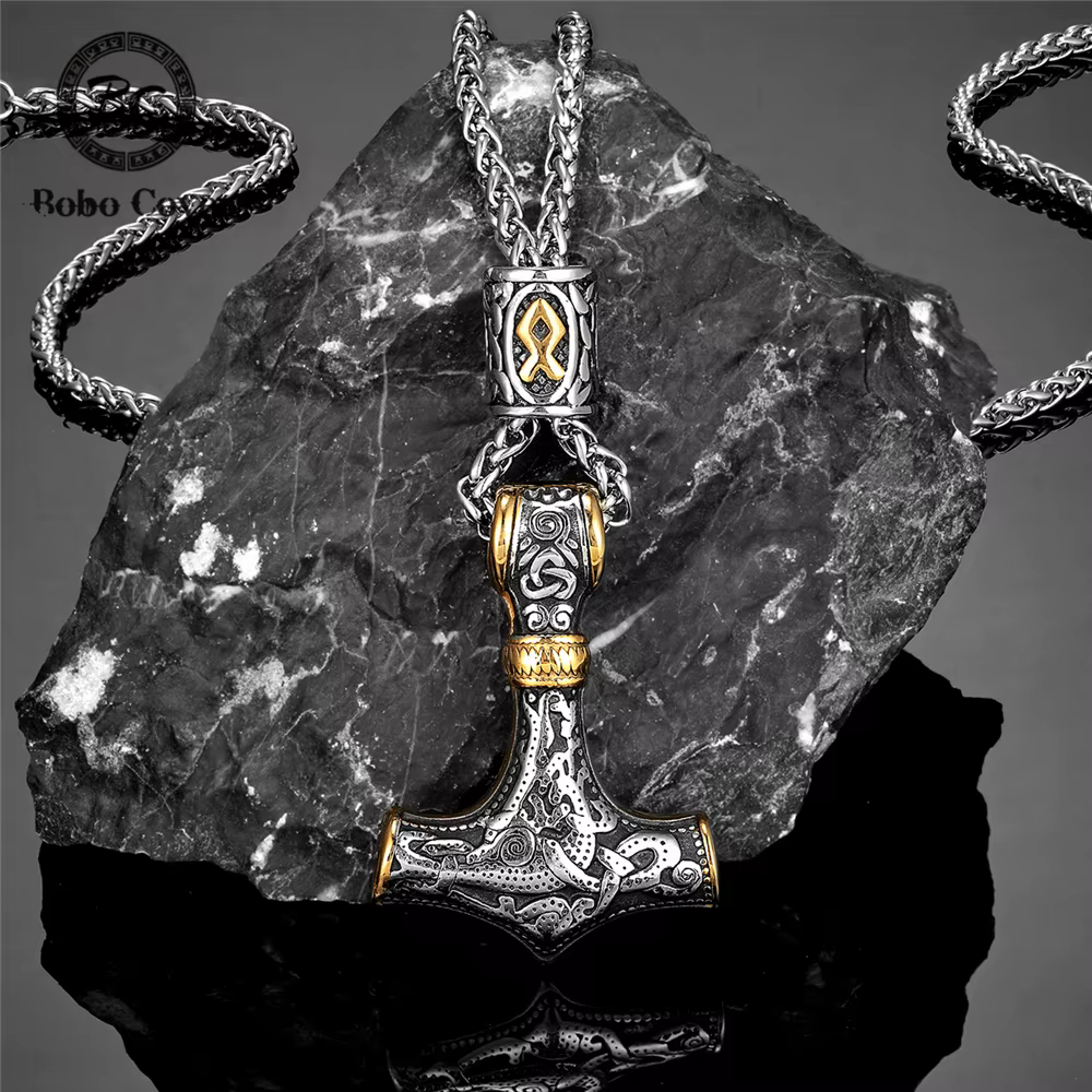 Collier de perles Runes nordiques plaquées or pour hommes