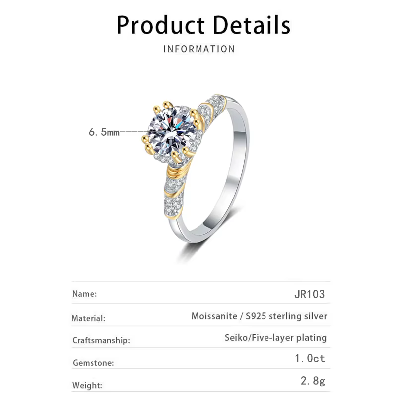 Bague de fiançailles de luxe pour femme en argent sterling 925 plaqué or 18 carats avec moissanite 1 carat – Bijoux de mariage