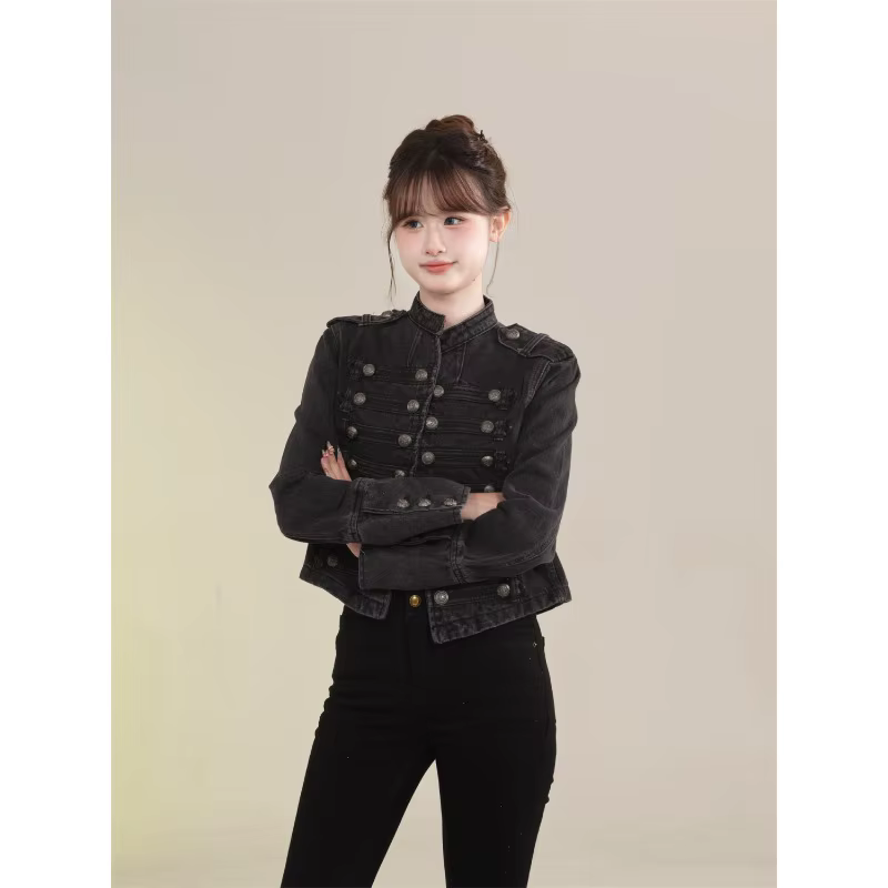 Vêtements pour femmes manteau court nouvelle veste en jean rétro bouton conception mince col montant manches longues