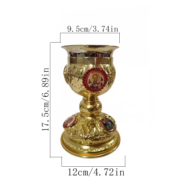 Nouveau Calice de Communion Orthodoxe Plaqué Or avec Reliefs d'icônes Émaillées pour l'Utilisation dans l'Altier de