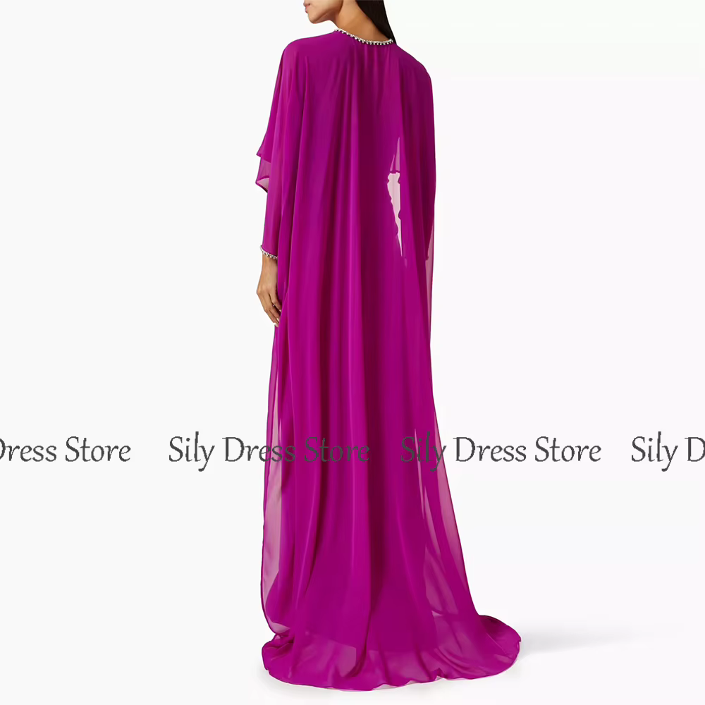 Robes d'occasion spéciale chics tissu crêpe gaine/colonne robe de bal Fuchsia bretelles cristaux Cape fendue