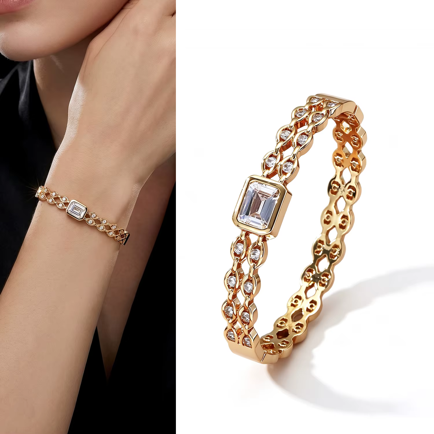 Bracelet de luxe en cristal baguette plaqué or 18 carats avec maillons de chaîne et zircone cubique pour femme