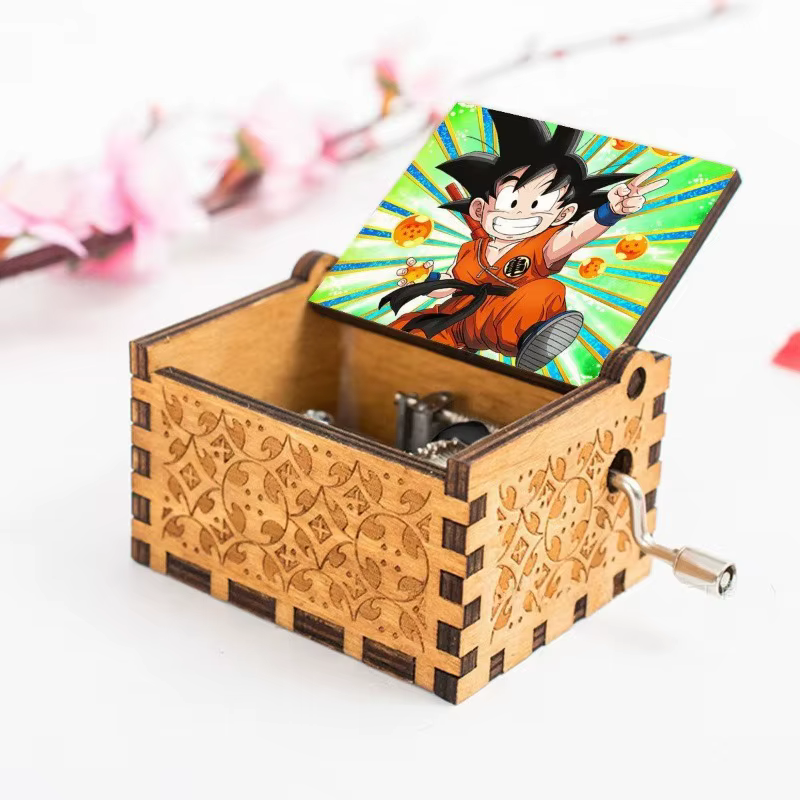 Boîte à musique à manivelle en bois Dragon Ball, thème dessin animé, cadeau d'anniversaire créatif, vente en gros.