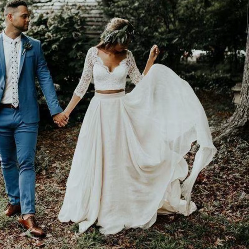 Robes de mariée personnalisées 3/4 à manches longues une ligne blanc ivoire en mousseline de soie dentelle princesse