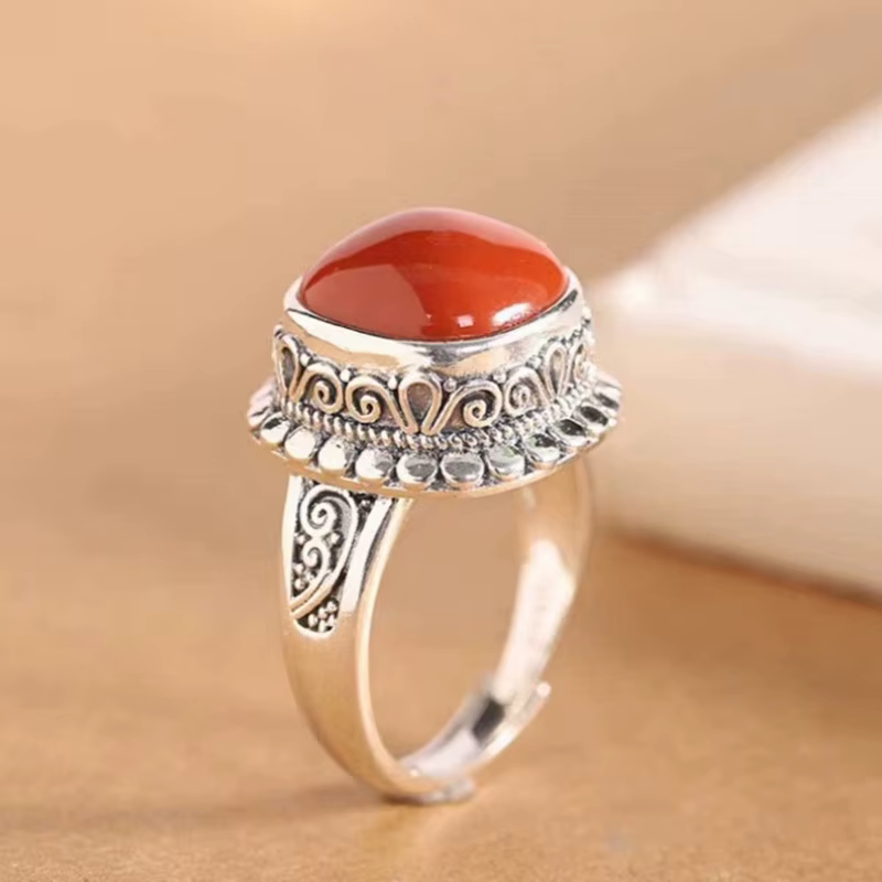 Bague en argent thaïlandais rétro en Agate rouge du sud pour femmes