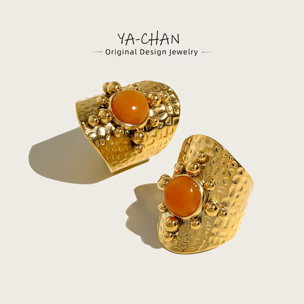 YACHAN 18K plaqué or inoxydable femmes large anneau luxe Pierre orange texture métallique bijoux esthétiques de mode
