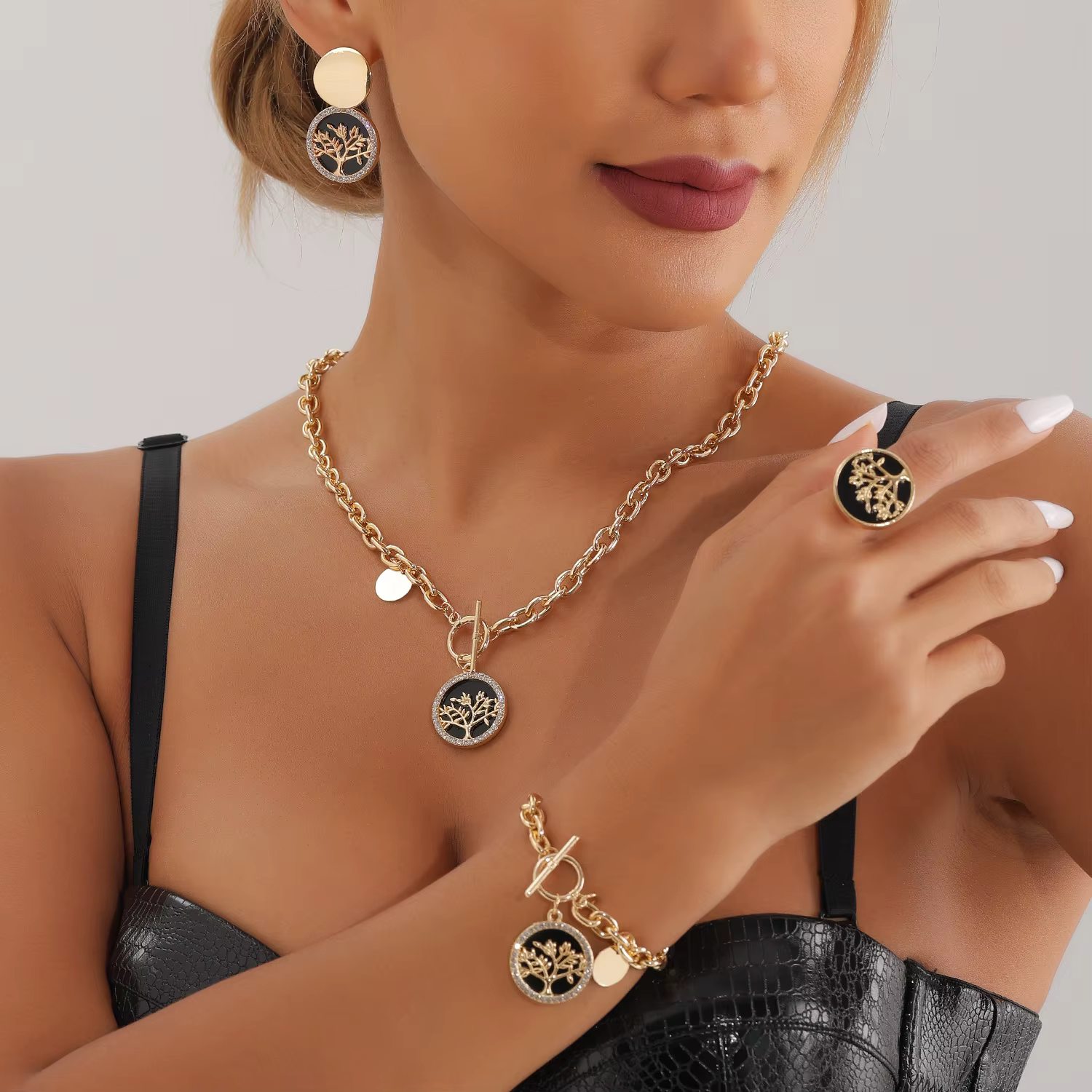 Ensemble de bagues réglables Arbre de Vie en métal noir imitation nacre, bijoux pour femme de qualité supérieure, style doux, cool et audacieux