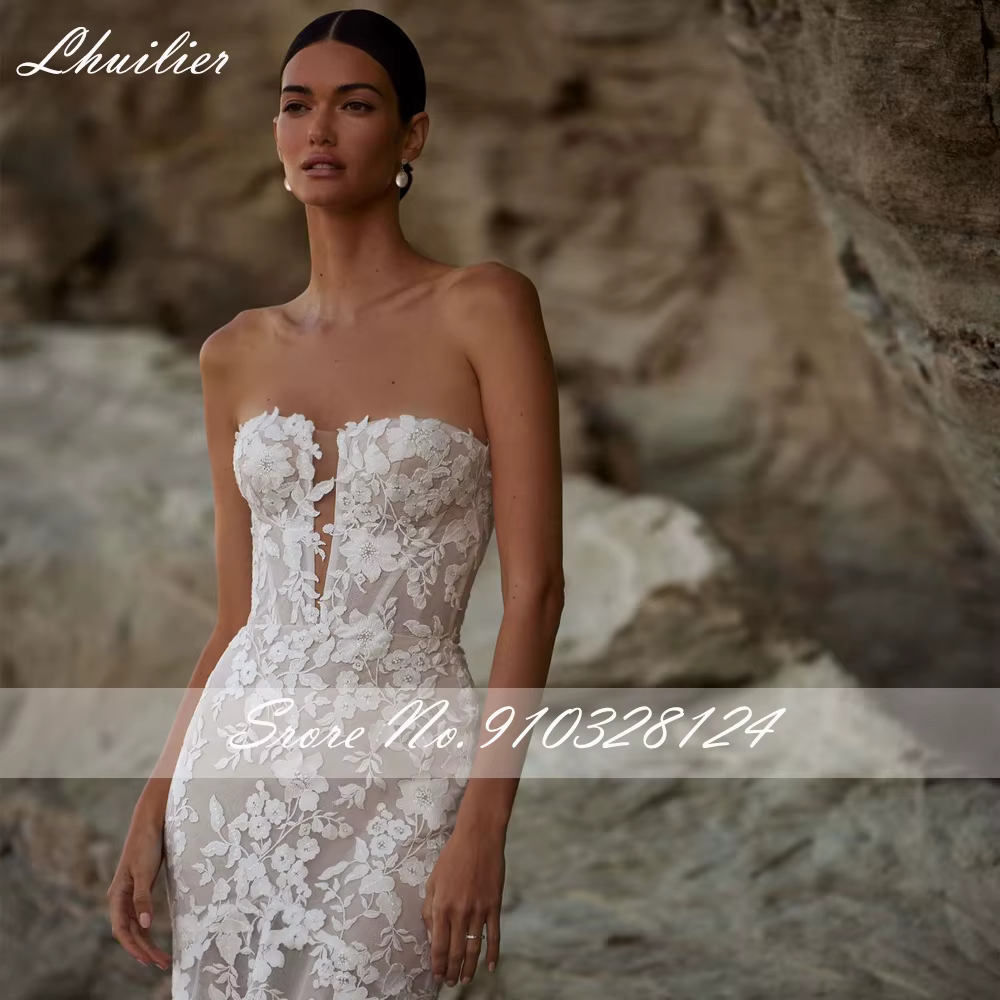 Robes de mariée sirène en dentelle sans bretelles personnalisées Lhuillier