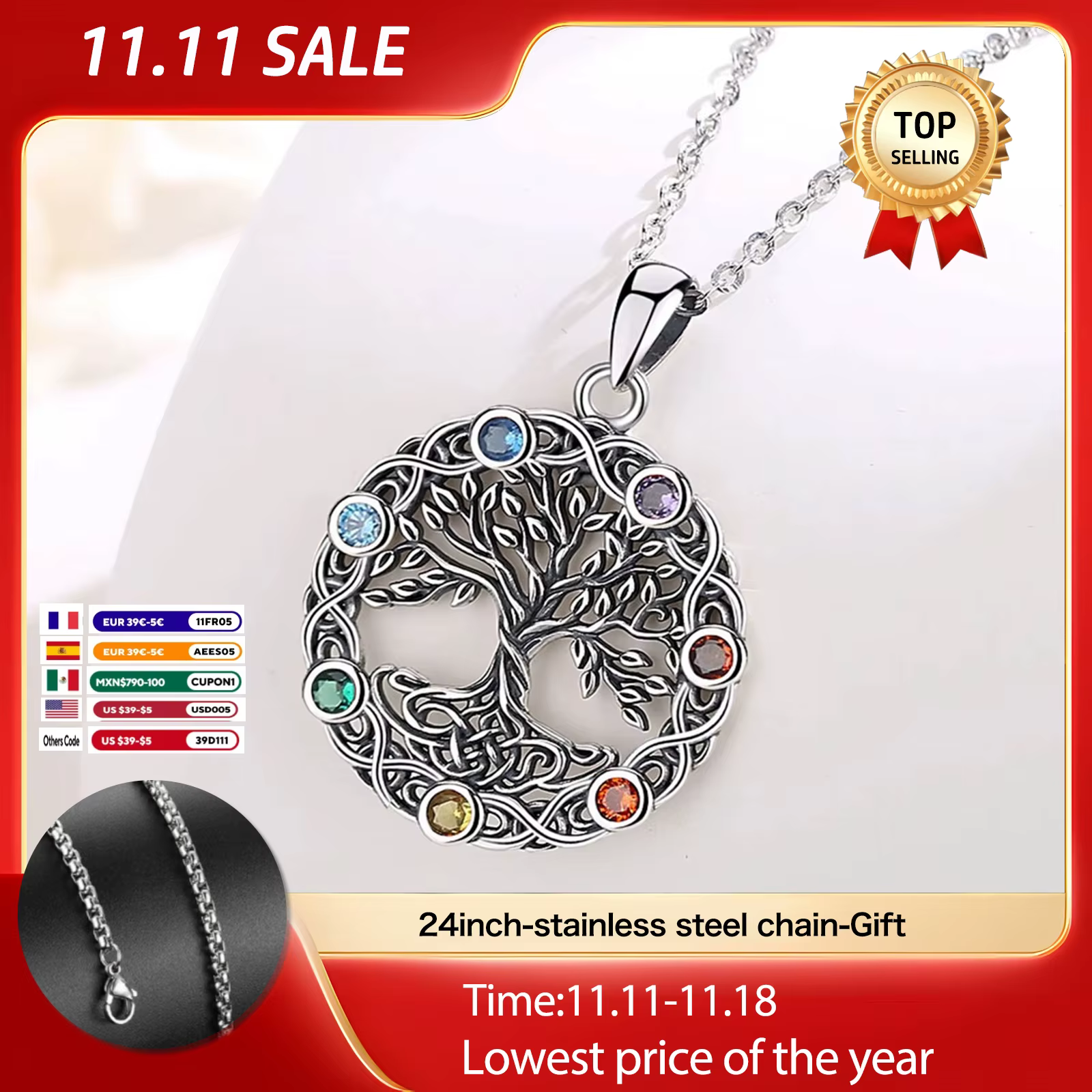 Eudora-Collier Arbre de Vie en Argent Sterling 925 pour Femme et Homme