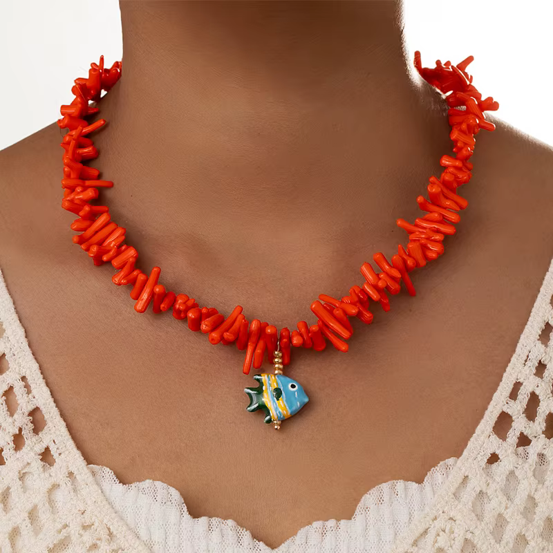Collier de perles de corail imité Y2K pour femmes