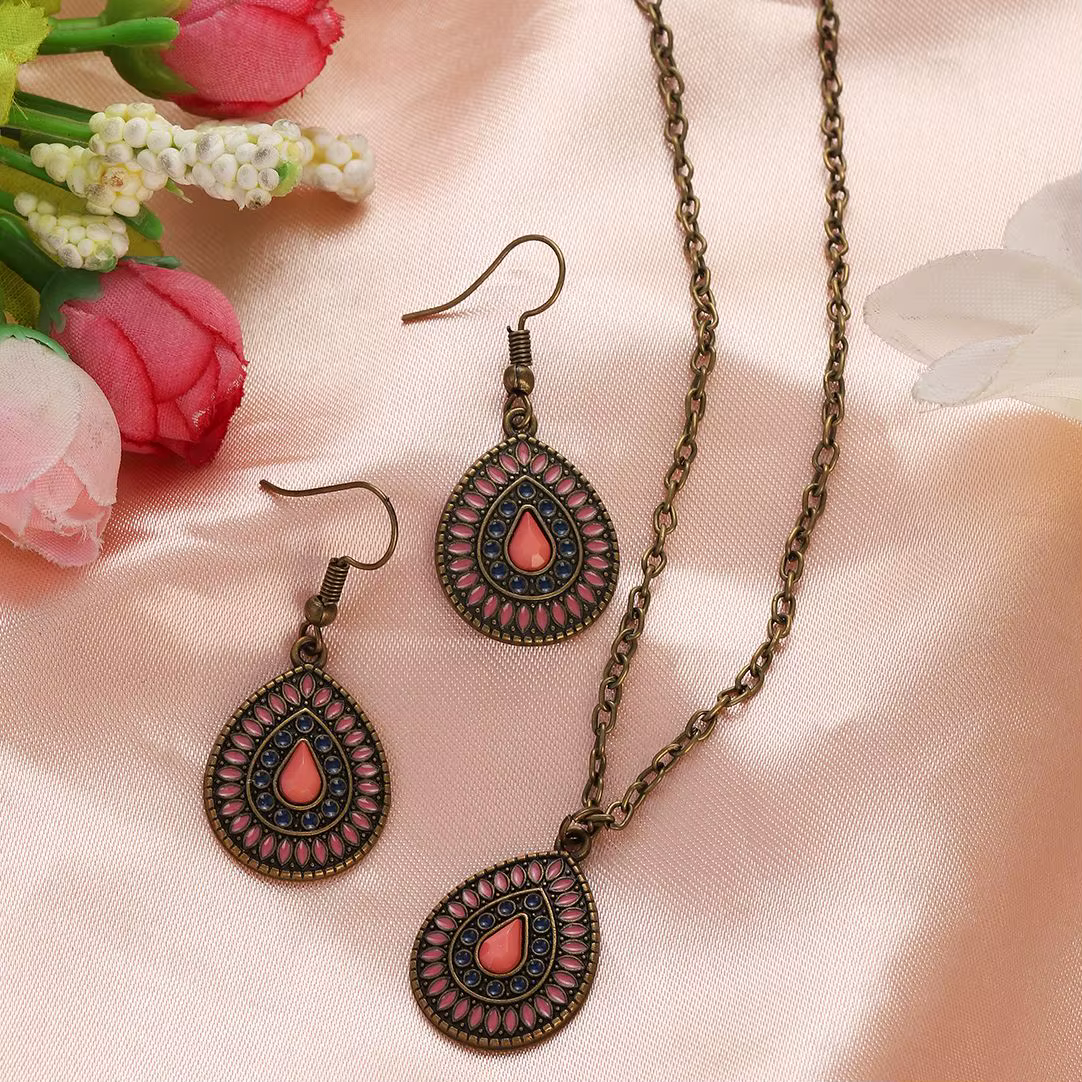 Boho breloque fleur résine perles ensemble de bijoux femmes Vintage Bronze or goutte d'eau boucle d'oreille collier