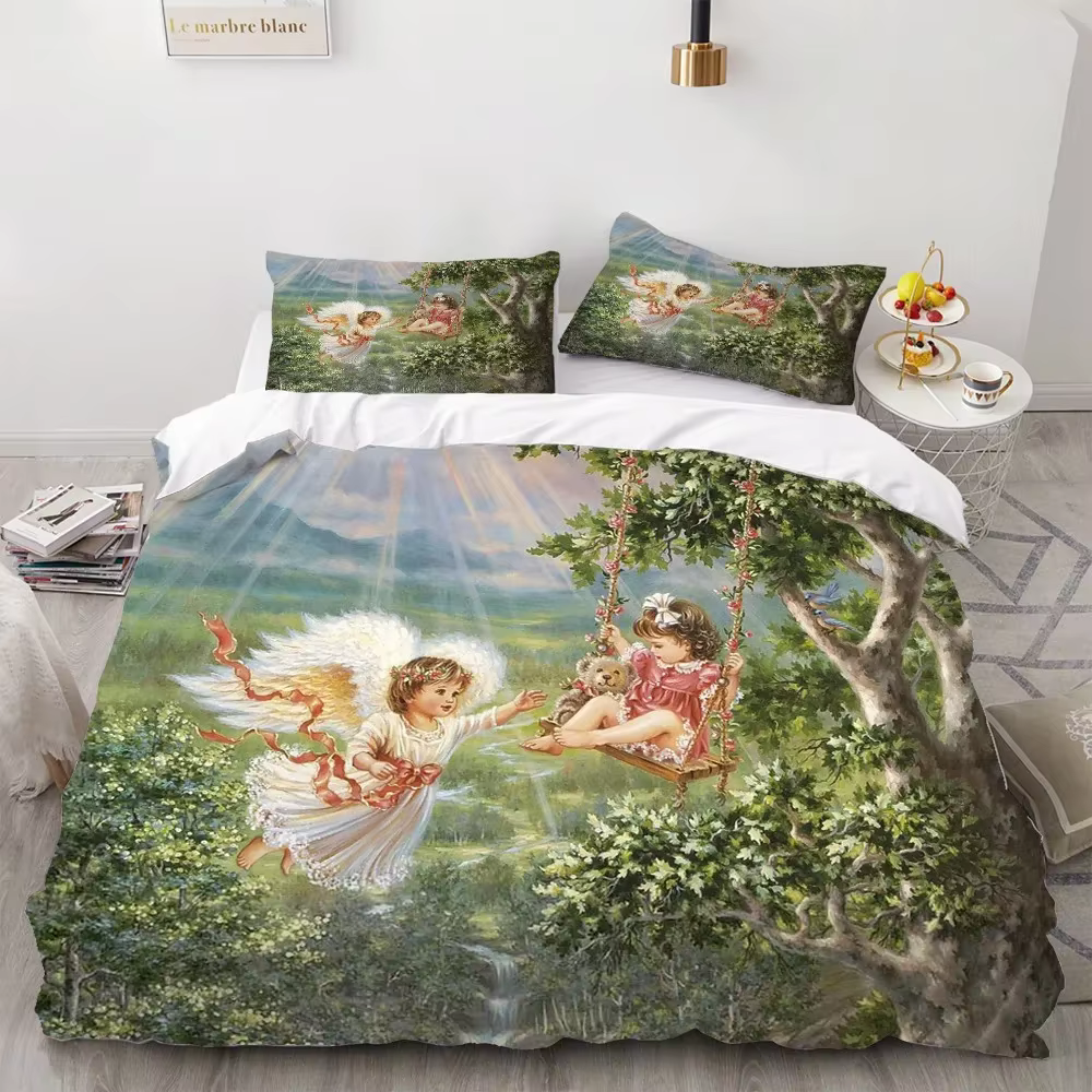 2/3 pièces ange peinture à l'huile ensemble de literie Art ancien housse de couette dessin animé chaud lit