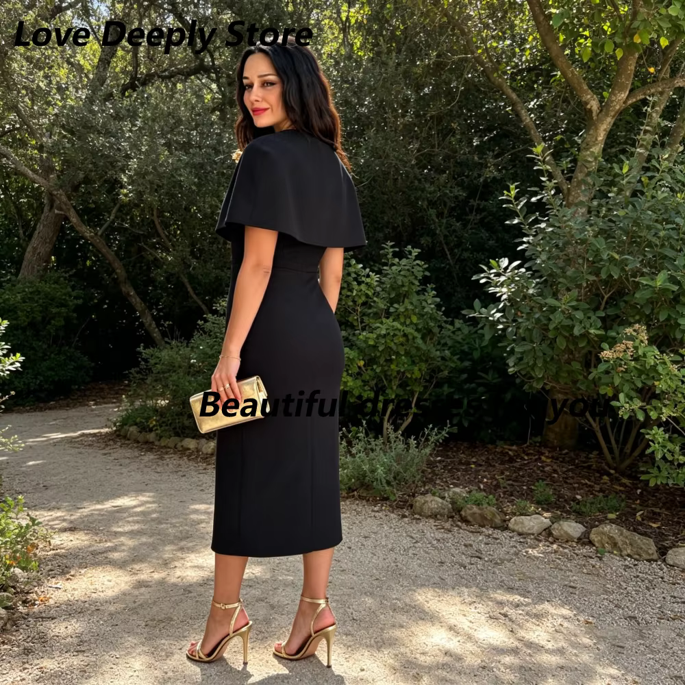 Robe de soirée élégante noire personnalisée avec veste, col rond croisé, plissée, coupe droite, sans manches, longueur thé, pour bal de promo