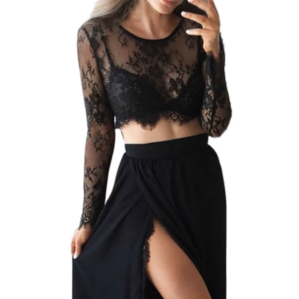 T-shirt court en dentelle transparente pour femme