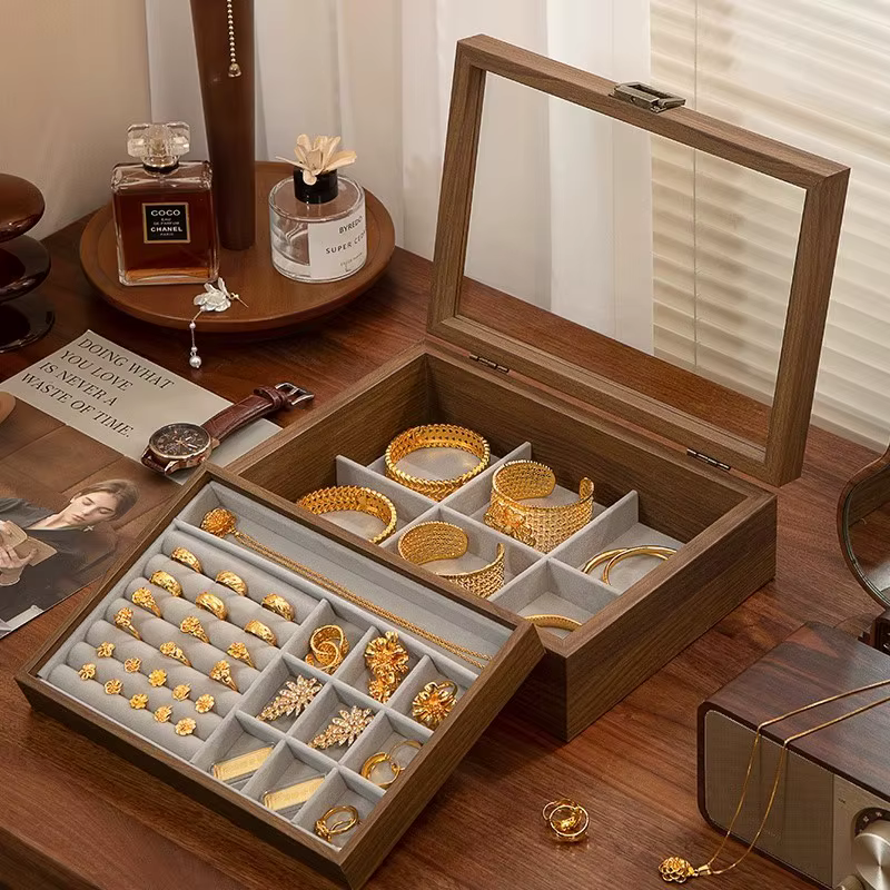 Boîte de rangement de bijoux en bois, boîte de rangement de boucles d'oreilles et de colliers, boîtes de rangement de bijoux pour bagues et bracelets pour femmes, vitrine de luxe