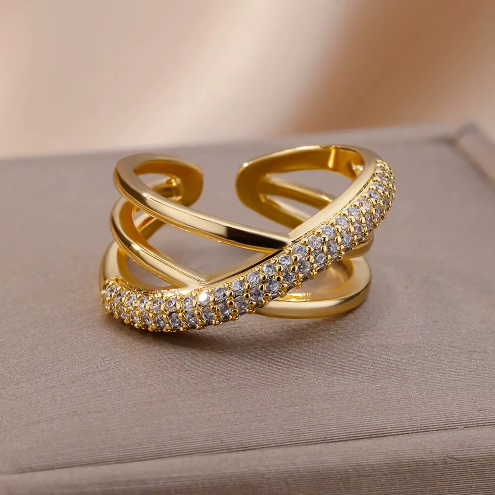 Bagues en Zircon Double forme de croix pour femmes, plaqué or, en acier inoxydable, de luxe, pour Couple de mariage, bijoux esthétiques, cadeau