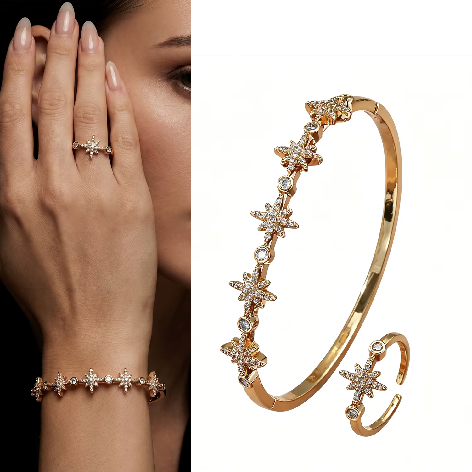 Ensemble de bagues et bracelets ajustables en zircon plaqué or pour femme