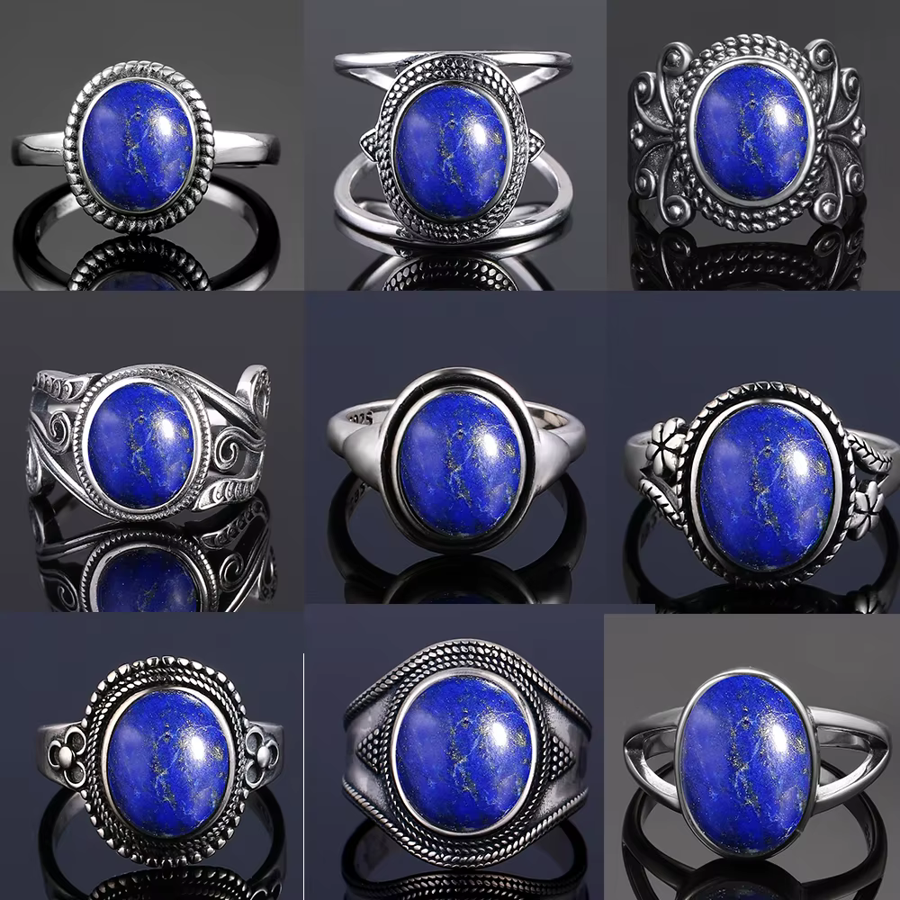 Bague ovale en argent naturel avec grand lapis-lazuli pour femmes et hommes