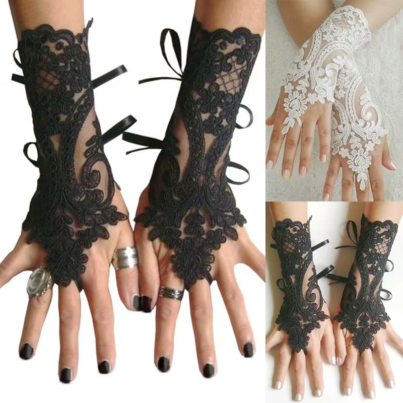 Gants de Mariage Blancs et Noirs en Dentelle à Fleurs pour Femme