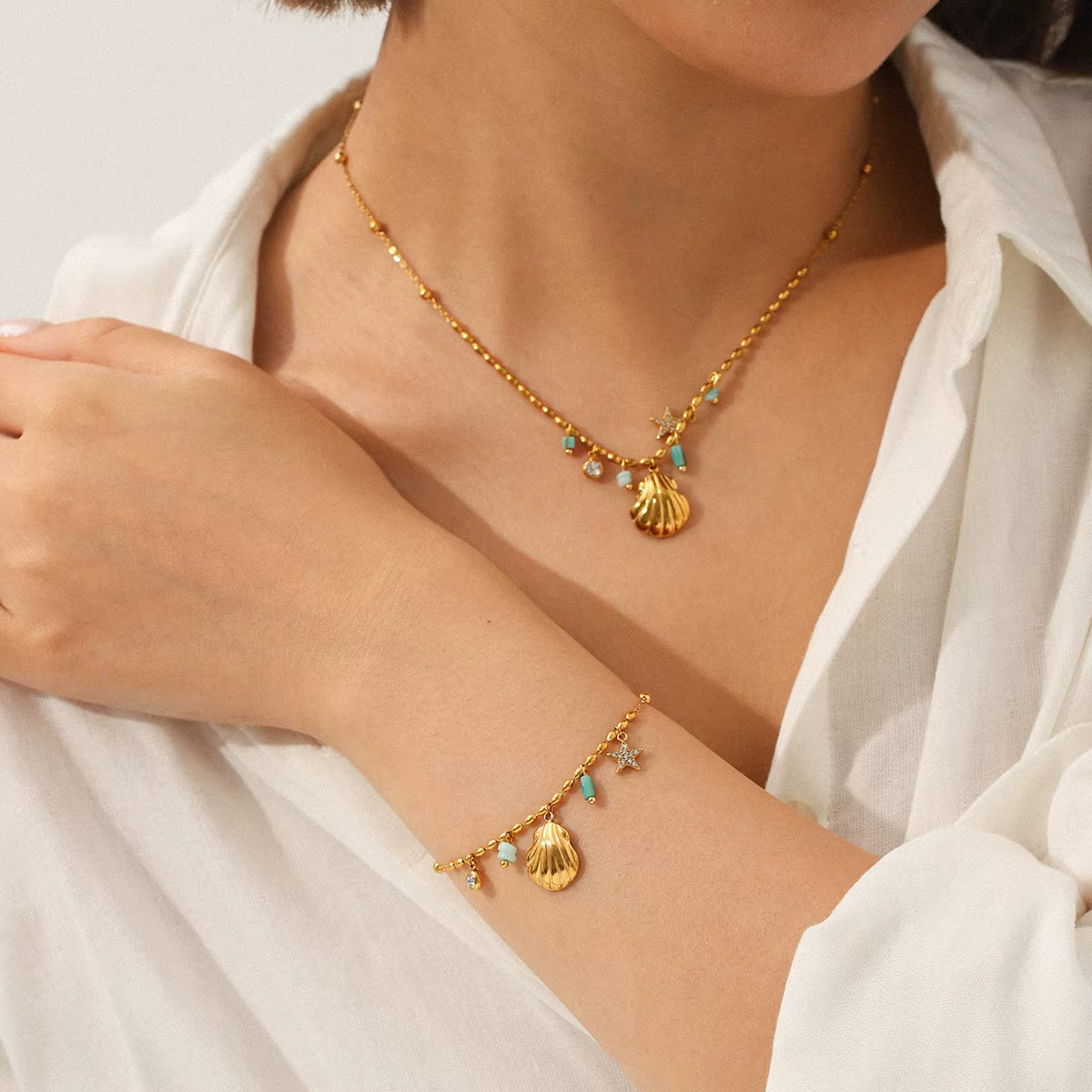 Ensemble collier et bracelet bohème plage avec coquillages, étoiles de mer et perles, en acier inoxydable plaqué or PVD, bijoux de mode estivale pour les vacances