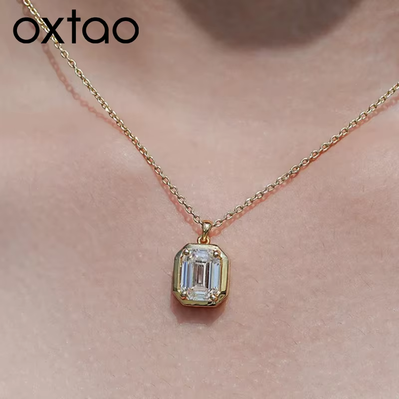 OXTAO Collier pendentif solitaire minimaliste taille émeraude pour femme