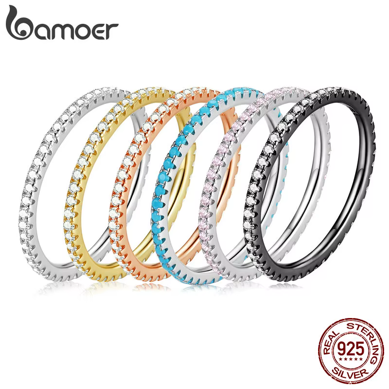 Bamoer véritable mode arc-en-ciel bague pour femmes beau Zircon 925 en argent Sterling couleur