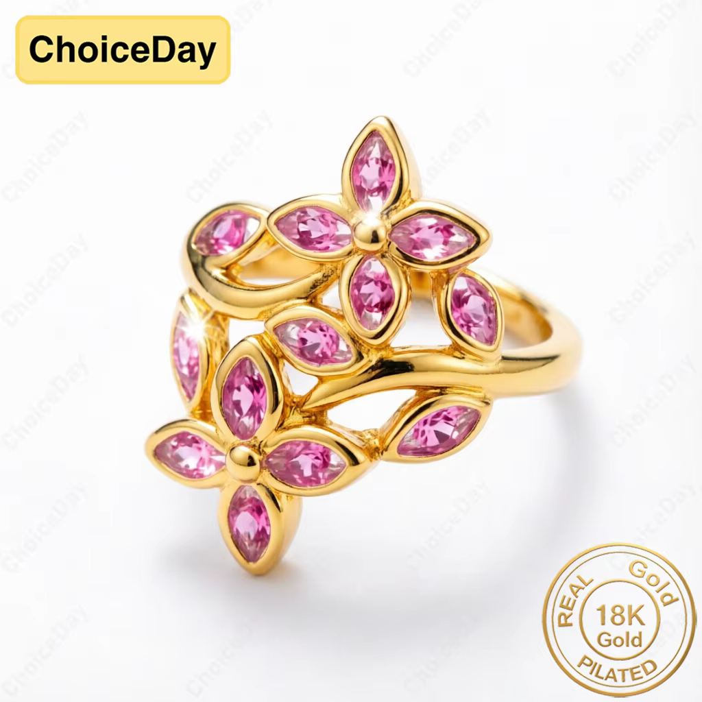 Bague de luxe plaquée or 18 carats avec double fleur en zircon rose pour femme