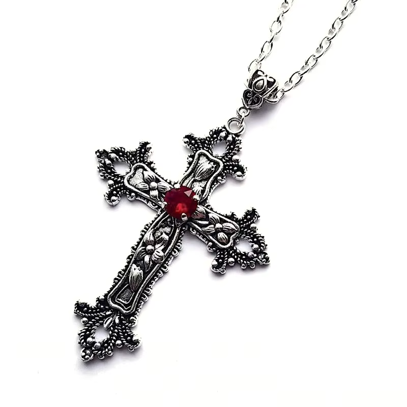 Goth bijoux rouge noir cristal croix pendentif collier pour femmes hommes gothique Punk colliers ras du cou