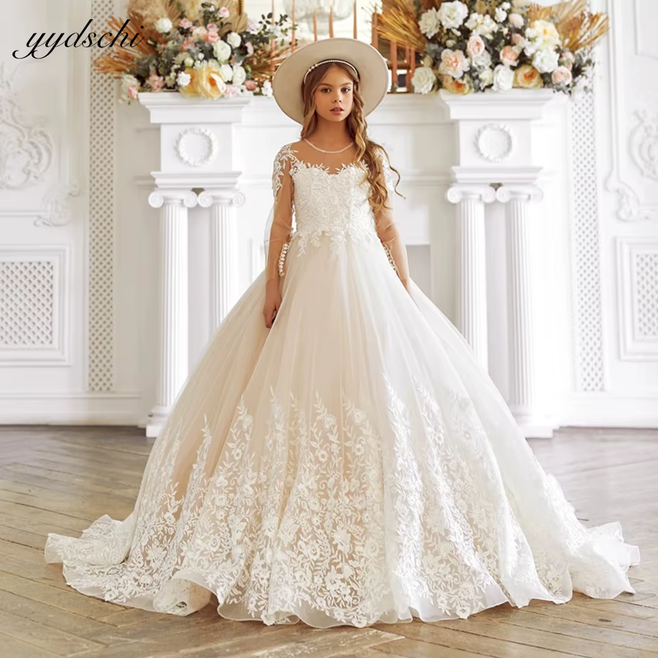 Robes de fille personnalisées pour les mariages manches longues ivoire anniversaire filles