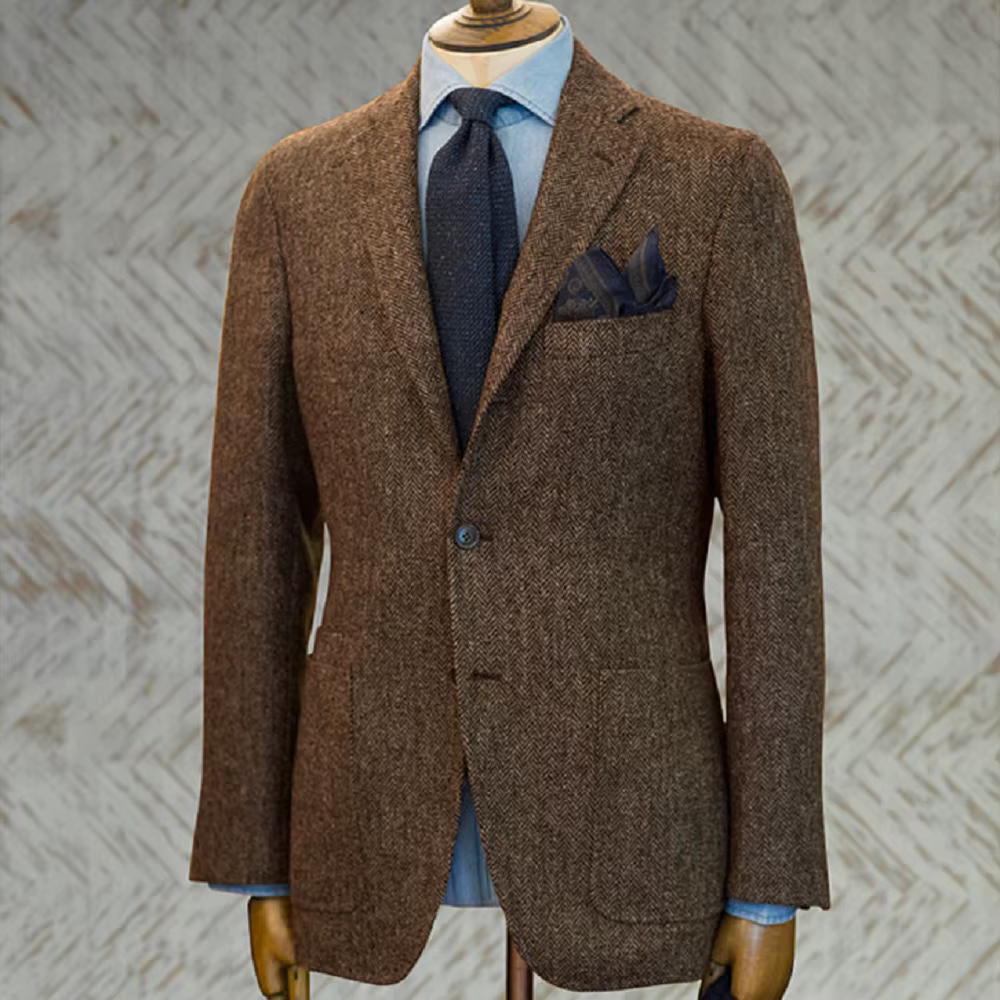 Costume pour hommes, Blazer marron, Tuxedos de bal, laine à chevrons, Tweed, simple boutonnage, veste d'affaires formelle pour mariage (manteau uniquement)