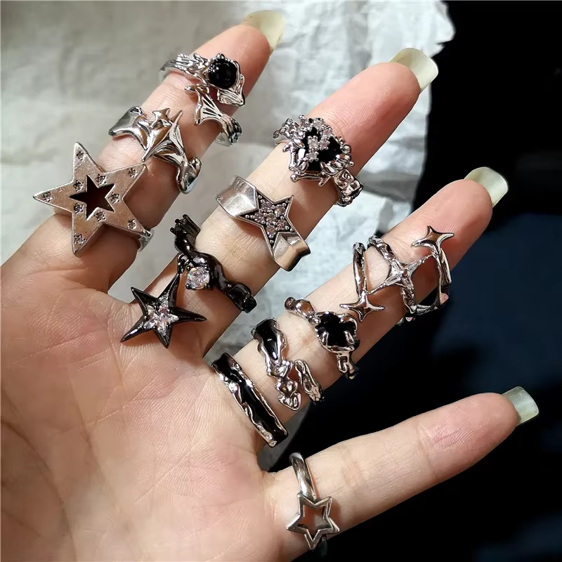 Kpop Goth Punk Vintage esthétique géométrique étoile irrégulière couleur argent bague pour femmes Egirl Grunge Y2K EMO bijoux accessoires